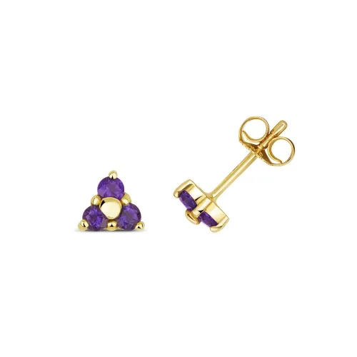 Amethyst 3 Stone Studs Earrings - Yellow Gold